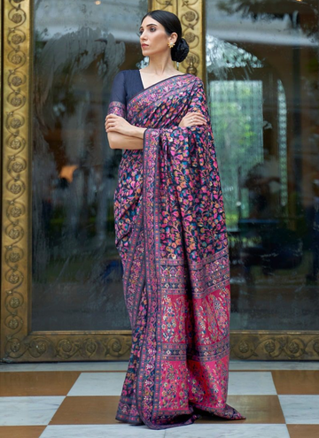Classic Navy Blue Kashmiri Modal Handloom Weaving Work Saree